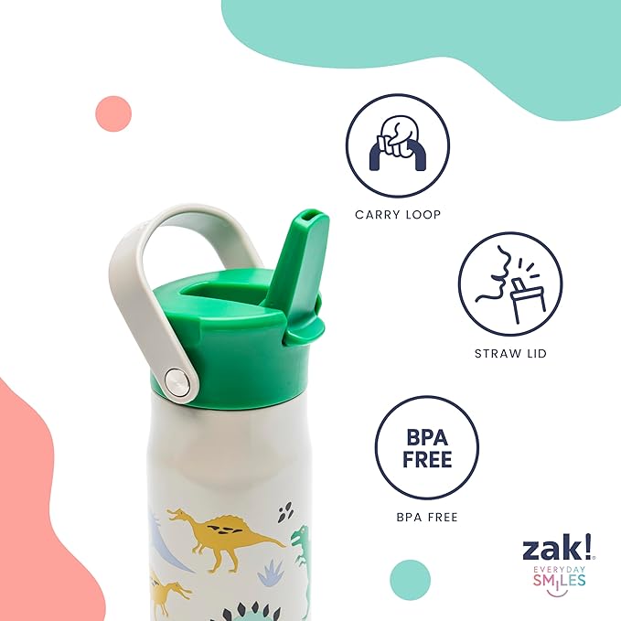 Zak Designs Harmony Kid Water Bottle for Travel or At Home, 14oz Stainless Steel is Leak-Proof and Vacuum Insulated (Dinosaur)