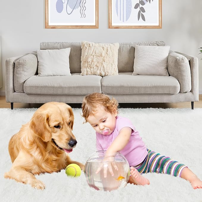 Fluffy Shag Area Rug, 4x6 White Rugs for Bedroom, Soft Plush Area Rugs for Living Room, Non-Slip Indoor Carpet for Nursery, Study Room, Dressing Room, Home Decor