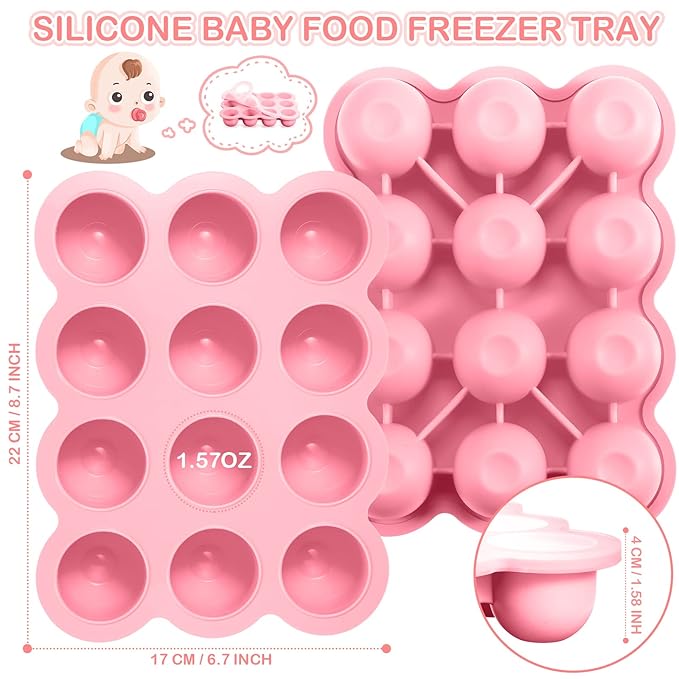 3 Pcs Baby Food Storage Container 12 Cup Silicone Baby Food Freezer Tray with Lid Stackable Reusable Silicone Baby Food Freezer Storage Tray for Food Vegetable Fruit Puree and Breast Milk (Pink)