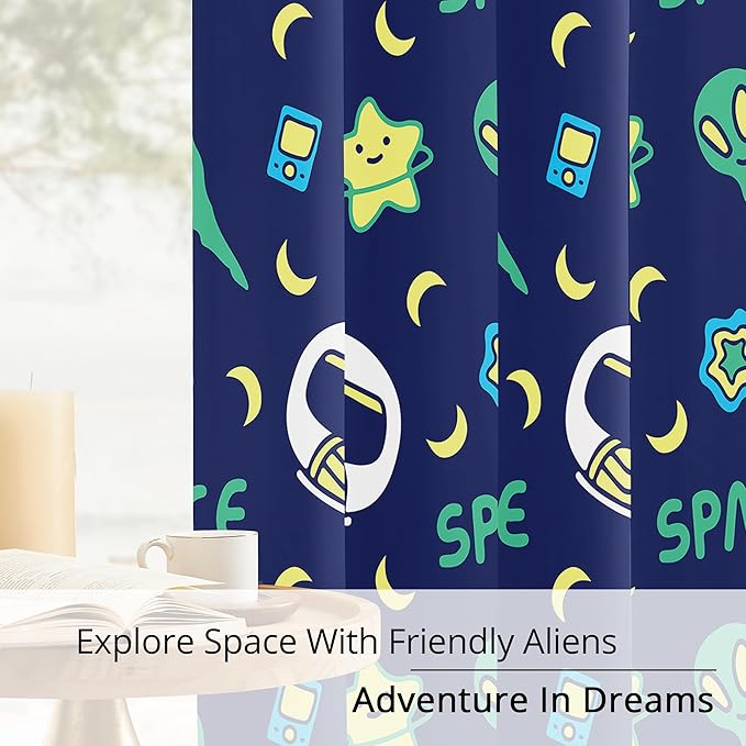 Kids Space Alien Blackout Curtains - 100% Blackout, Thermal Insulated, Noise Reducing, Perfect for Kids Room and Nursery, 2 Panels (Friendly Alien, W52×L84)