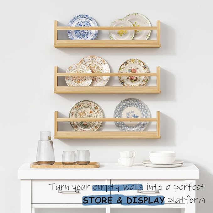 Natural Wood Wall Bookshelf for Kids Bedroom Set of 3, 24 Inch Wooden Floating Nursery Book Shelves for Baby Boys Girls Room, Mounted Toddler Book Shelf for Toy Organizers and Storage