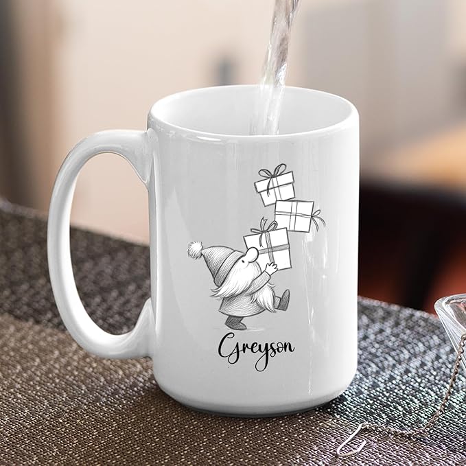 Cute Gnome With Box Accent Mug Cup Gift, Personalized Choose Name Gnome Ceramic Teacup 11 Oz 15 Oz, Unique Coffee Mug Gift For Gnomes Lover Kids Child Birthday, Custom Gnomes White Travel Mugs Gifts