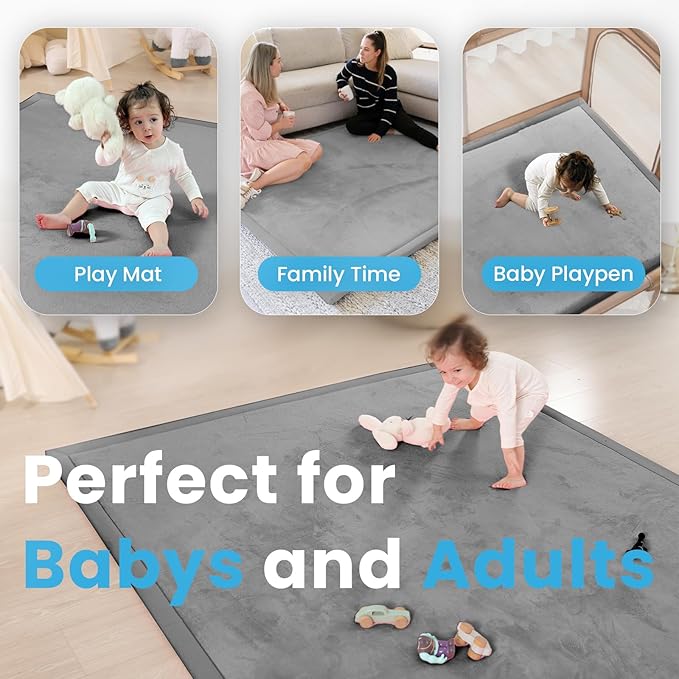 1.3" Thick Baby Play Mat for Floor, 39x59 Foam Tummy Time Mat, Padded Support Soft Plush Nursery Rug for Infant Kids Toddler Crawling Kick Activity (Dark Grey)