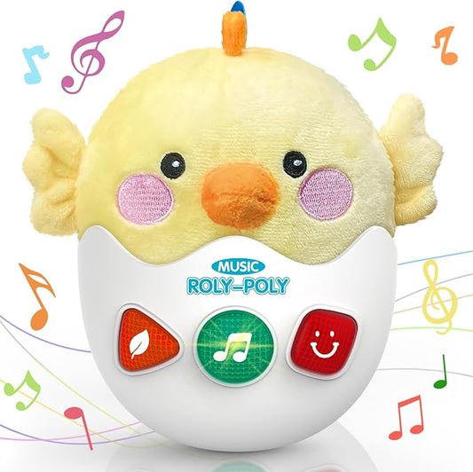 Baby Toys 0-6-12 Months, Chick Musical Plush Cute Stuffed Animal Infant Tummy Toys with Light & Sounds, Roly-Poly Sensory Toy Birthday Easter Egg Gift for Newborn Boys & Girls
