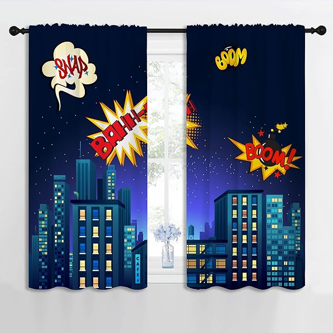 Superhero Rod Pocket Blackout Curtains for Boy Girl Bedroom, Cartoon Skyline Buildings Cityscape Thermal Insulated Home Window Drapes for Living Room Darkening, 42x45 inch