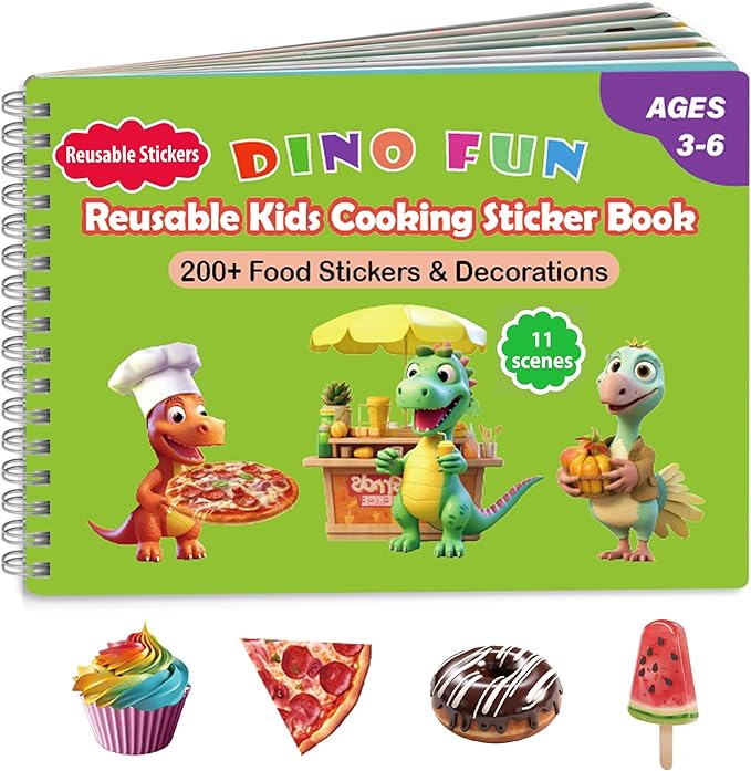 Dino Fun Cooking Food Reusable Sticker Book for Kids,11 Scenes + Over 200 Food Stickers,Treats Sticker Book for Toddlers 3-6 Years,Removable Decoration Snack Stickers,Make A Face Cupcake Sticker