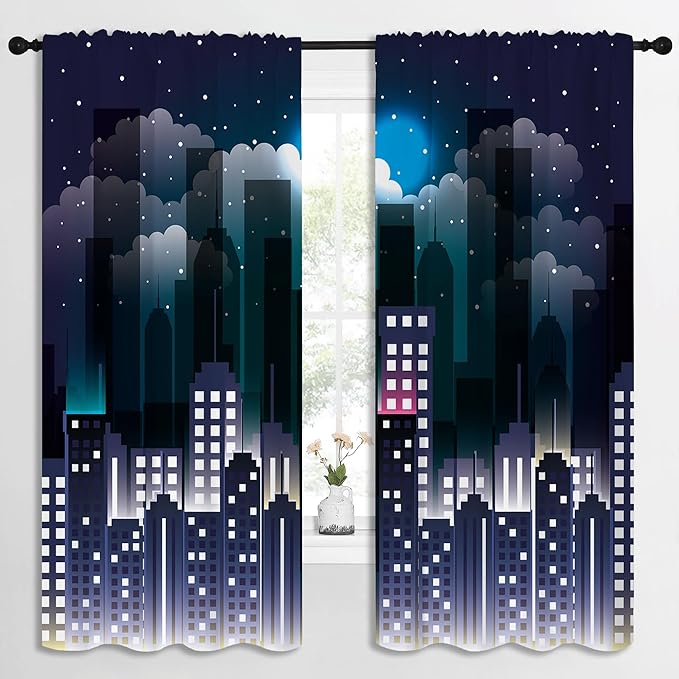 Superhero Rod Pocket Blackout Curtains for Boy Girl Bedroom, Violet Night Sky Buildings Cityscape Thermal Insulated Home Window Drapes for Living Room Darkening, 72x63 inch