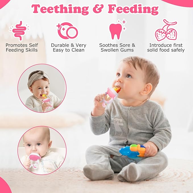WAJIAYON Baby Fruit Feeder Pacifier - 6 Pack | 2 Infant Food Feeder Pacifier & 2 Baby Food Dispensing Spoon | Fresh Fruit Teethers for Babies | Silicone Feeder Babies,Infant Teething Feeders -Pink