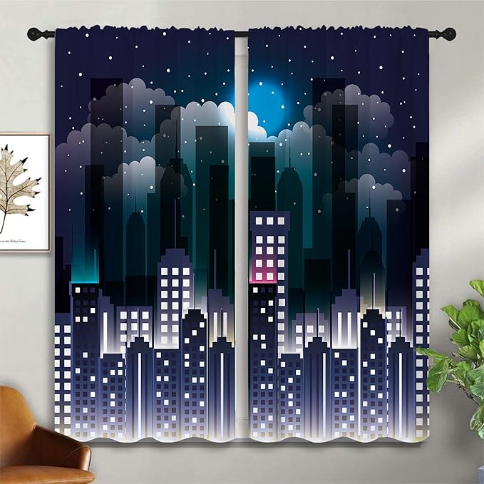 Superhero Rod Pocket Blackout Curtains for Boy Girl Bedroom, Violet Night Sky Buildings Cityscape Thermal Insulated Home Window Drapes for Living Room Darkening, 42x45 inch