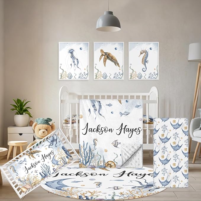 Custom Crib Bedding Set - 5 Pcs Customized Baby Crib Set with Name - Soft Double Layer Marine Animals Nursery Baby Bedding Set for Girls Boys - Personalized for Infant Toddler