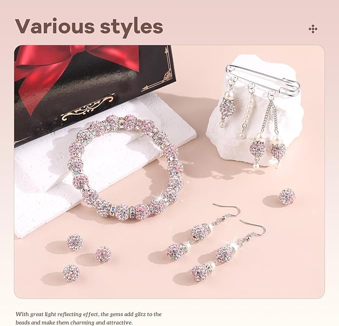 105pcs 10mm Rhinestone Beads for Jewelry Making, Pink White Shiny Round Disco Ball Beads Bulk, Sparkle Crystal Clay Christmas for Bracelet Baseball Necklace Earring Crafting and DIY