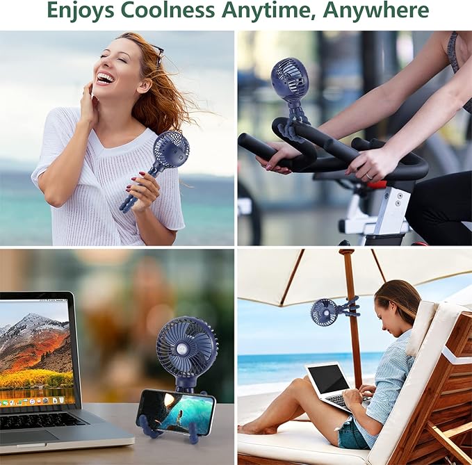 snawowo Mini Handheld Personal Portable Fan, Baby Stroller Fan, Car Seat USB or Battery Powered, with Flexible Tripod Clip on Student Bed Desk Bike Crib Treadmill Camping Traveling(Navy Blue)