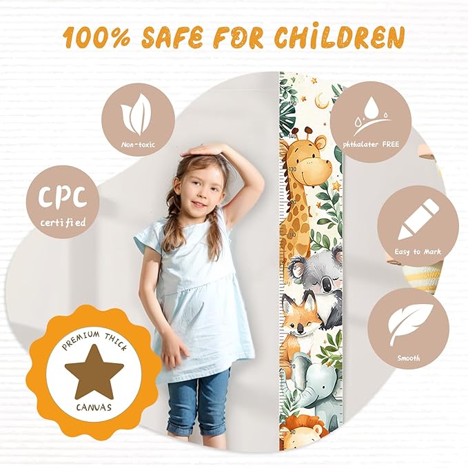 Personalized Name Baby Growth Height Chart Handing Ruler Wall Decor for Kids, Animals Canvas Removable Height Growth Chart, Nursery Decor, Toddler Kid Room Decoration, Hangable