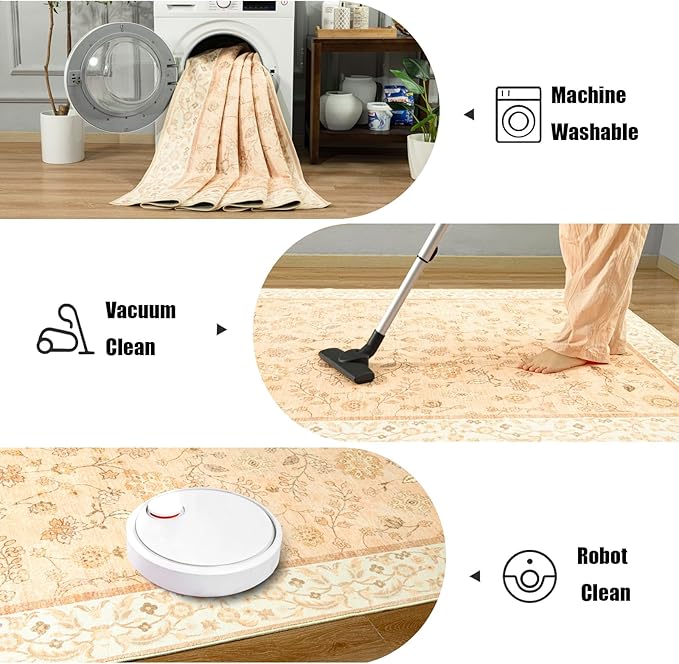 LOCHAS Washable Area Rugs 5x7, Peach Floral Rug for Living Room Bedroom Non Slip, Ultra Soft Vintage Indoor Carpet for Kids, Nursery, Dorm, Dining Room, Classroom, Boho Flower Home Decor, Low-Pile