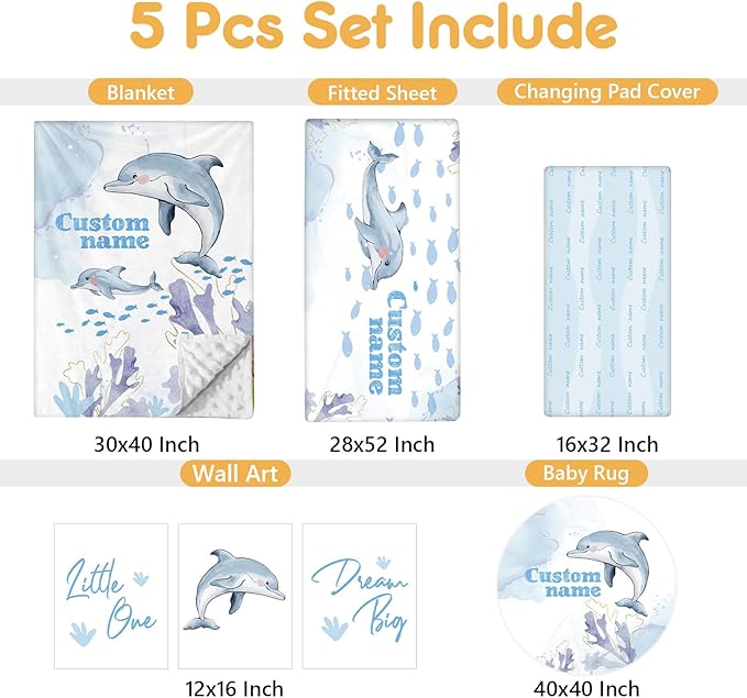 Personalized Baby Crib Bedding Set, 5 Pcs Custom Name Nursery Bedding Set, Blue Dolphin Baby Bedding Set for Girls Boys, Double Layer Baby Crib Sets, Customized Gifts for Toddlers Kids Infants