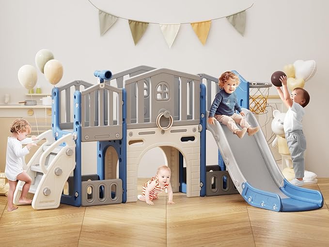 8 in 1 Toddler Slide Set, Kids Slide for Toddlers Age 1-3, Toddler Climber Slide PlaySet with Basketball Hoop and Ball, Outdoor Indoor Kids Playground for Toddlers 1-3, Blue Grey