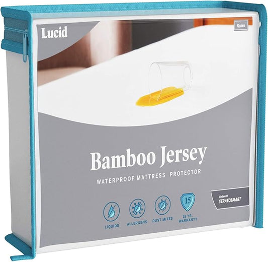 LUCID Premium Rayon from Bamboo Jersey Mattress Protector | California King Size Waterproof Mattress Protector | Ultra Soft, Fitted Sheet Style, White