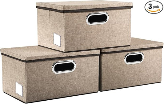 PRANDOM Storage Bins with Lids [3-Pack] Jute Fabric Foldable Storage Boxes Organizer Containers Baskets Cube with Cover for Home Bedroom Closet Office Nursery khaki（11.4X8.6X6.7