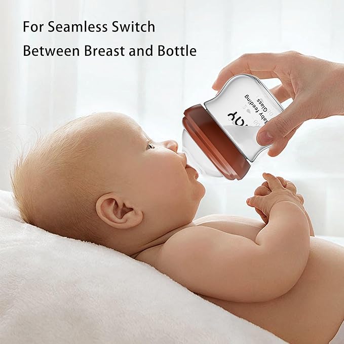 Natural Glass Baby Bottle for Breastfeeding Babies, 3oz Newborn Anti-Colic Baby Bottle with Slow Flow Nipples (SS), Clear, Wide Neck, 2 Pack, 0 Months+