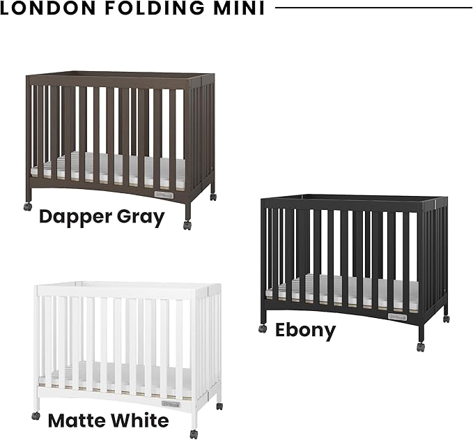 Child Craft London Mini Compact Folding Portable Crib with 2” Crib Mattress and 2 Easy Roll Locking Wheels, Durable Pine Wood Construction (Ebony Black)
