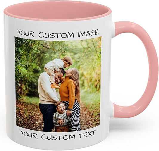 Personalized Coffee Mug – Custom Photo, Text, or Logo Ceramic Mug Tea Cup | Taza Personalizada with Picture or Message | Customized Gift Idea for Men & Women, Mom, Dad, Friends - White/Pink | 11oz
