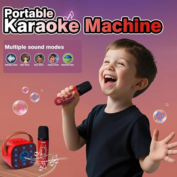 Mini Karaoke Machine for Kids Birthday Gifts 4 5 6 7 8 9 10 11 12 Year Old Girl Boy Singing Electronic Toys Bluetooth Speaker with 2 Wireless Mics Fun Voice and LED Lights Christmas Party