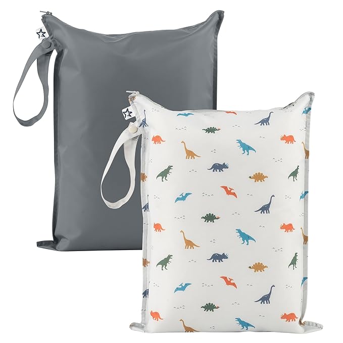 Tiny Twinkle Mess-Proof Waterproof Wet Dry Bag | 2-Pack Reusable Wet Bags for Swimsuits & Baby Clothes | Leakproof Wet Bag for Travel & Diaper Changes for Baby (Dinosaur)