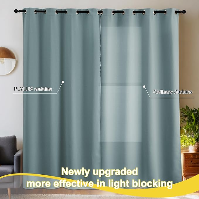 NICETOWN Blackout Curtains 63 Inches Long Room Darkening Thermal Insulated Energy Saving Smart Grommet Short Plylux Curtain Draperies for Kitchen, 2 Panels, Greyish Blue, 52 x 63