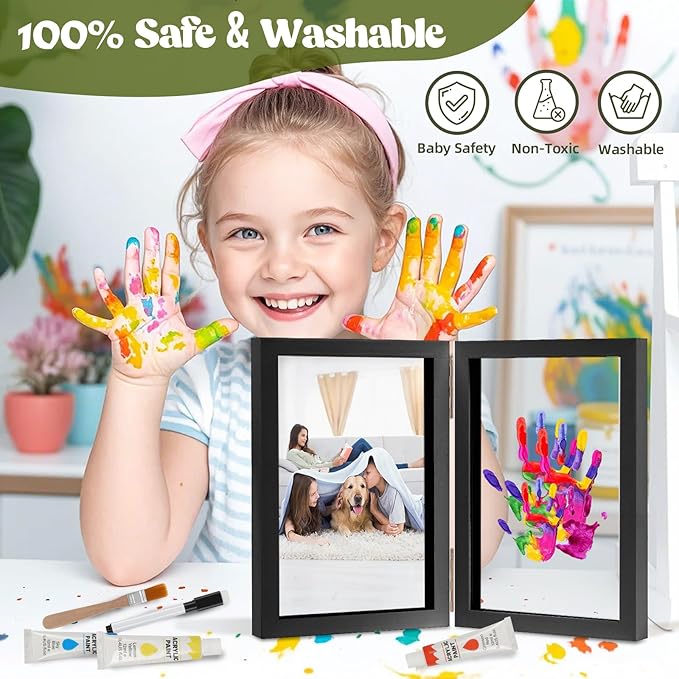 Family Handprint Kit, DIY Baby Hand and Footprint Handmade Keepsake Wooden Frame, Family Gifts with 5 Non-Toxic Baby-Safe Paint, Ideas Gift for New Parents, Grandparents, Father's Day, Mother's Day