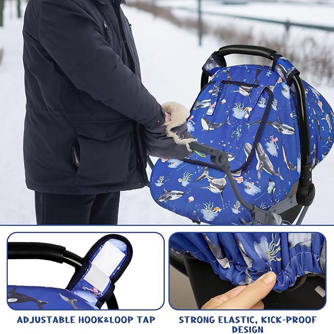 Pea Pod Car Seat Cover Baby, Infant Car Seat Canopy Covers for Newborn with 2 Layers Windows of Breathable Mesh Fabric, Lightweight Polyester/Soft Minky Dot Backing (Ocean)