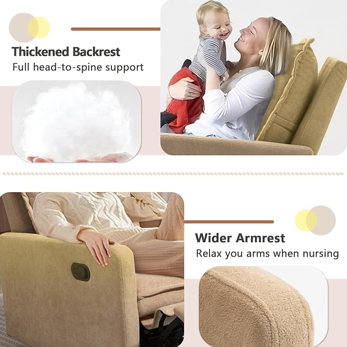 Swivel Rocking Recliner Chair for Nursery, Upholstered Glider Rocker Recliner, Swivel Reclining Chair for Nursery Living Room Bedroom, Camel Short Plush