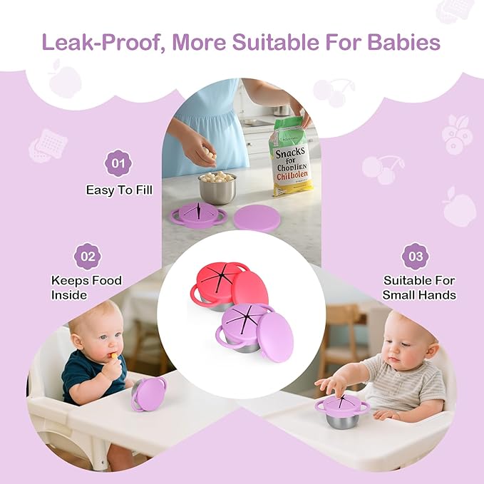 2 Pack Snack Cups for Toddlers Spill Proof - Detachable Stainless Steel Toddler Snack Cups with Silicone Lids & Handles - Dishwasher Safe Baby Snack Containers for Mess-Free Snacking (Red and Purple)