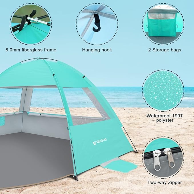 Venustas Beach Tent Sun Shelter for 3/4-5/6-7/8-10 Person, UPF 50+ UV Protection Beach Canopy, Lightweight and Easy Setup Cabana, Portable Shade Tent