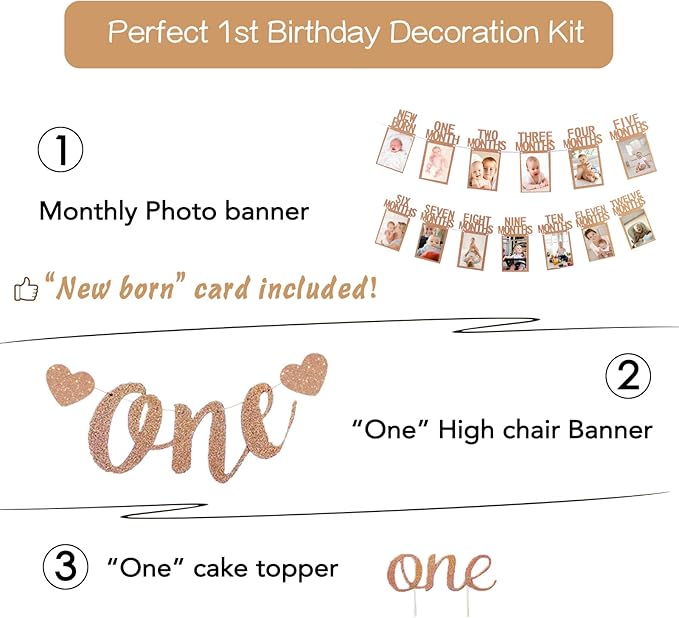 Monthly Photo Banner First Birthday Photo Banner for Newborn to 12 Months First Birth Decorations with Birthday Cake Topper & High Chair Banner