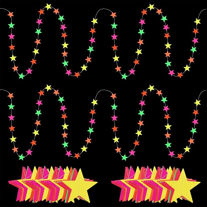 108ft Neon Glow Party Star Paper Garland UV Glow in The Dark Party Supplies Garlands Neon Paper Streamers for Blacklight Fluorescent Supplies for Birthday Wedding Decorations