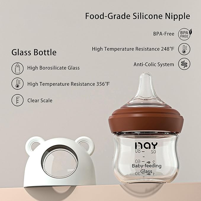 Natural Glass Baby Bottle for Breastfeeding Babies, 3oz Newborn Anti-Colic Baby Bottle with Slow Flow Nipples (SS), Clear, Wide Neck, 4 Pack, 0 Months+