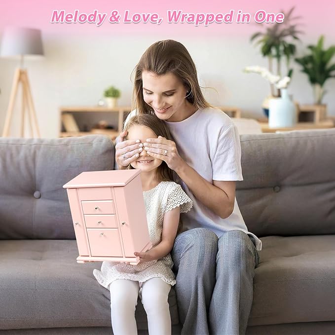 Musical Jewelry Box for Girls, Large Kid Music Box with Ballerina for Birthday Bedroom Decor, 5 Layer Girl Jewelry Gifts for Girls Kids - Pink