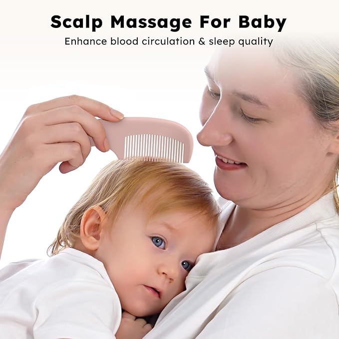 Yoofoss 4 Piece Baby Hair Brush and Comb Set，Wooden Baby Hair Brush with Natural Ultra Soft Goat Hair, Baby Comb Set for Boy, Girl - Pink