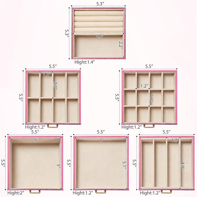 AKOZLIN 6-Tier Jewelry Box Lockable Leather Jewelry Storage Case with 5 Drawers for Women Girls Ring Necklace Earring Bracelet Holder Organizer with Mirror Rose