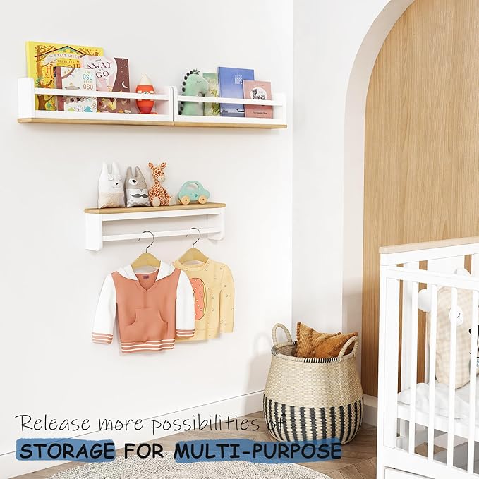 Nursery Floating Book Shelves for Wall, 24 Inch Long Wall Bookshelf for Kids Room, White and Natural Wood Baby Toddler Child Hanging Bookshelves for Kids Bathroom Bedroom (Upgraded Set of 3)