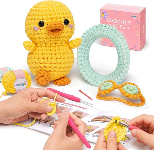 Mewaii Crochet Kit for Beginners Level 2 with 40% Extra Eco-Friendly Pre-Started Easy Yarn, Step-by-Step Video Tutorials for Adults and Kids (Summer Duck)