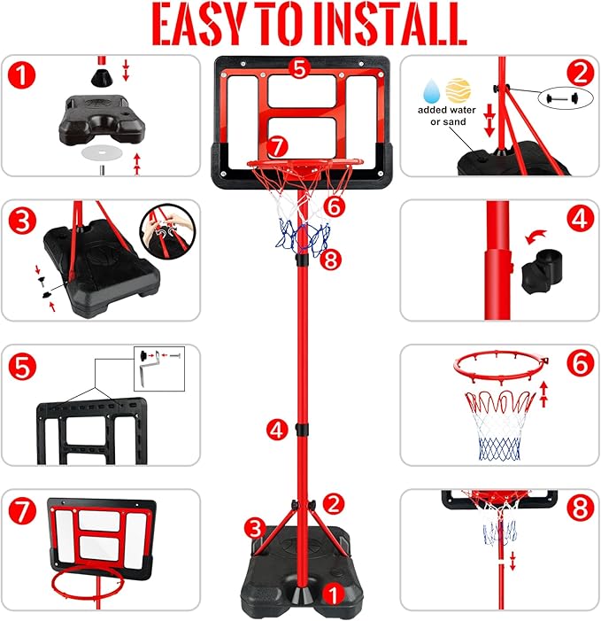Kids Basketball Hoop with Stand, Adjustable Basketball Set, Toddler Basketball Toys for Boys Age 3 4 5 6 7 8, Indoor Outdoor Backyard Sport Game Gifts