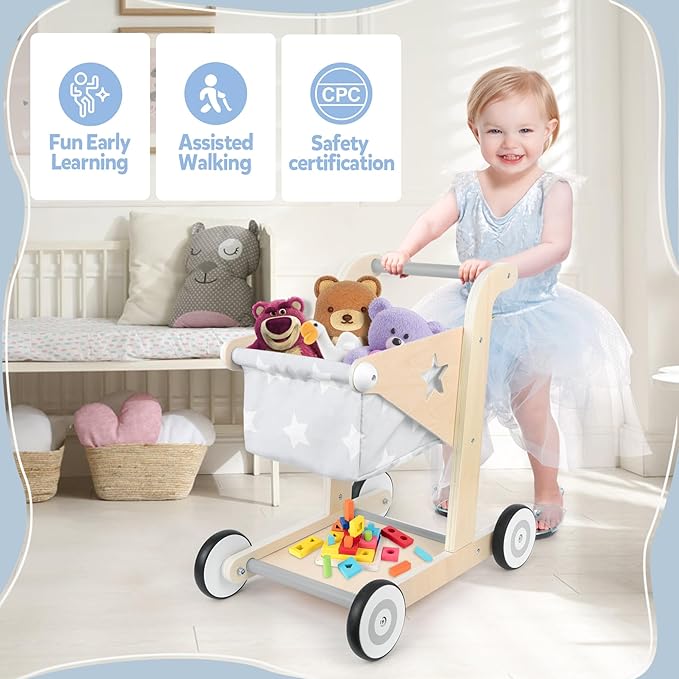 Asweets 2 in 1 Wooden Baby Walker Push and Pull Doll Stroller, Shopping Cart Learning Walker for Boys and Girls, Sit Stand Learning Toddler Toy (Grey)