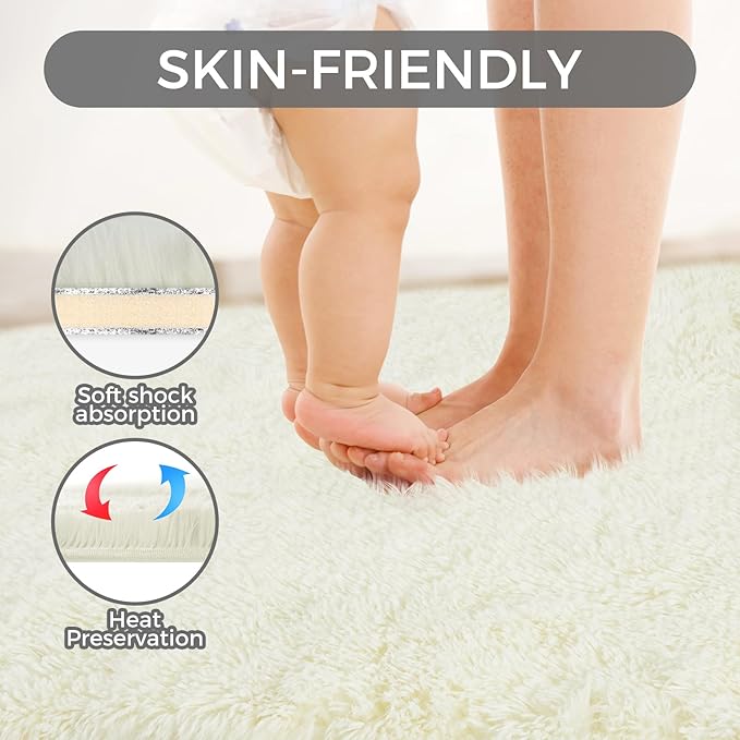 Ultra Soft Rug for Living Room, 4X6 Fluffy Shag Area Rug for Bedroom, Modern Shaggy Carpets Fuzzy Rug for Teens Dorm Nursery Home Decor Aesthetic, Upgrade Anti-Skid Durable, Cream White