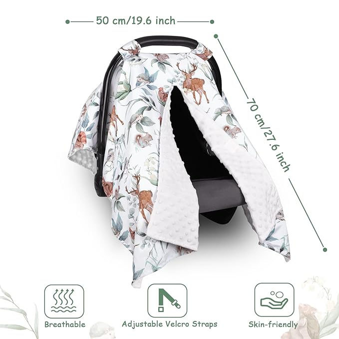 TANOFAR Baby Carseat Canopy, Peekaboo Opening Car Seat Canopy for Babies, Soft and Breathable Infant Carrier Canopy, Multi-use Baby Carrier, Stroller, Nursing Cover, Minky Blanket, Animal Leaf