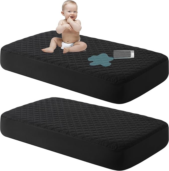 NTBAY 2 Pack Waterproof Crib Mattress Protector, Quilted 28"x52" Toddler Fitted Sheet - Machine Washable - Soft and Breathable Mattress Pad Cover for Crib, Nursery, Daycare, Cot, Black
