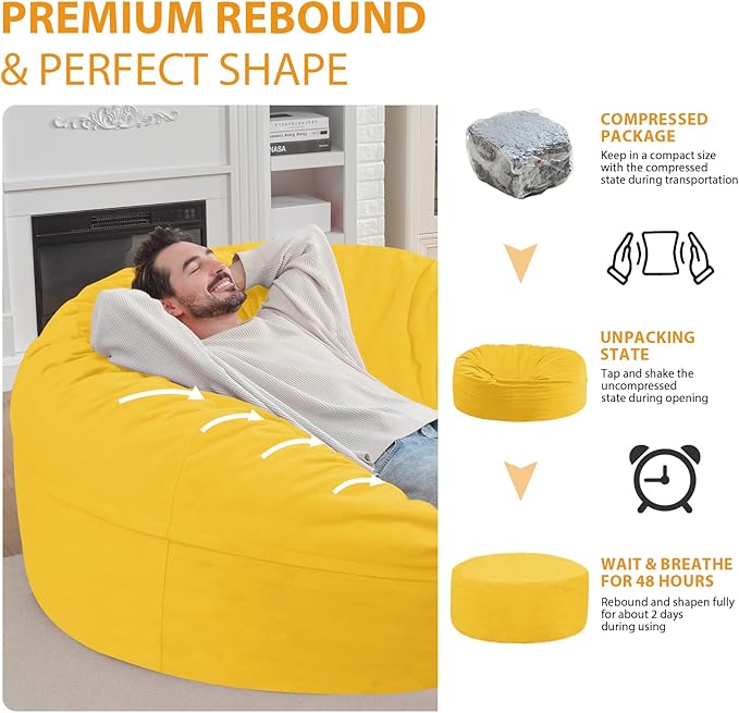 6FT Bean Bag Chair, Large Bean Bag Chairs with Memory Foam Filled, Fluffy Beanbag Sofa with Dutch Velvet Cover, Round BeanBag Chairs for Living Room, Playroom - Lemon
