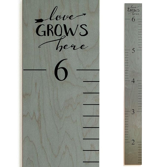 Wooden Growth Chart – Kids Height Chart, Wall Measurement for Kids, Height Chart for Wall, Growth Ruler for Children – “Love Grows Here” Gray (63" x 6.7")
