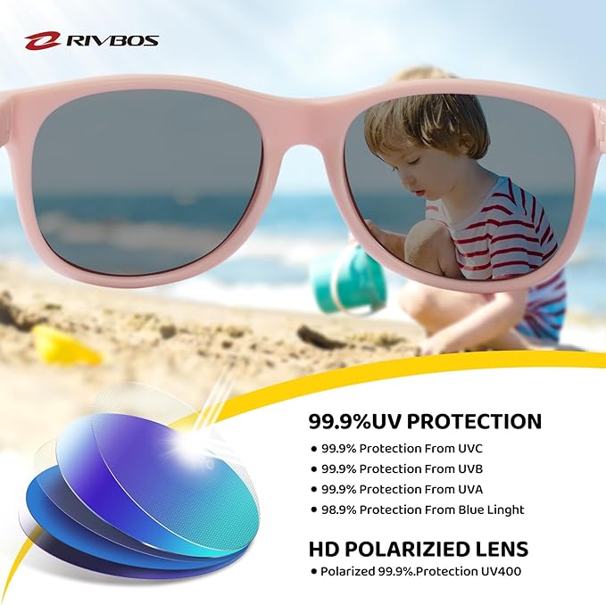 RIVBOS Kids Sunglasses Polarized UV Protection Flexible Rubber Glasses Shades with Strap for Boys Girls RBK004