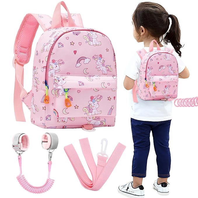 Accmor Toddler Backpack Leash with Anti Lost Wrist Link, Cute Mini Child Walking Harnesses Keep Kids Close Back Pack Rope Tether Rein for Baby Boys (Pink/Unicorn)